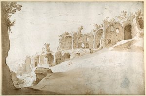 Ruiny na Palatynie: Domus Augustanus i Pałac Septymiusza Sewera (pióro i brązowy atrament z brązowym lakierem i czarną kredą na białym papierze) autorstwa Sebastian Vrancx