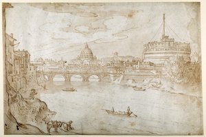Widok Tybru z widokiem na Bazylikę Świętego Piotra z Pałacem Watykańskim i Zamkiem S. Angelo (pióro i brązowy tusz z brązowym praniem na białym papierze) autorstwa Sebastian Vrancx