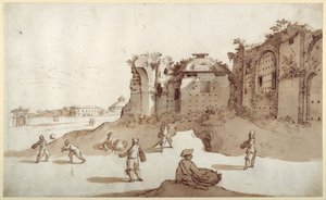 Młodzi mężczyźni grający w pelotę w Łaźniach Dioklecjana; S. Bernardino w oddali; długa ściana Bellaiani (pióro i brązowy tusz z brązowym washem na papierze) autorstwa Sebastian Vrancx