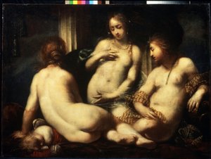 Trzy Gracje. (Trzy Gracje). Obraz Sebastiano Mazzoniego (1611-1678), ok. 1650 r. Sztuka w stylu florenckiego baroku. Olej na płótnie. Muzeum Sztuk Pięknych im. Puszkina, Moskwa