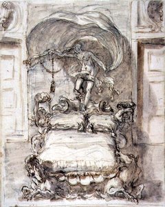 Łóżko z Konikami Morskimi i Fortuną (brązowy tusz i umyj kredą) autorstwa Sebastiano Ricci