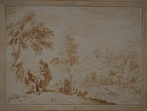 Rozległy krajobraz pasterski z Hill-town, ok. 1720 (brązowy tusz i wash) autorstwa Sebastiano Ricci