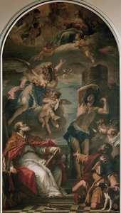 Dziewica w chwale z Archaniołem Gabrielem, św. Euzebiuszem, św. Sebastianem i św. Rochem (olej na płótnie) autorstwa Sebastiano Ricci