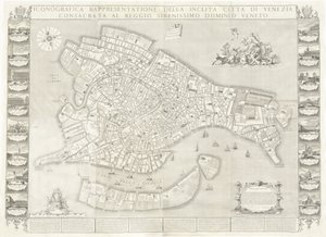 Ikonograficzne przedstawienie słynnego miasta Wenecji autorstwa Sebastiano Ricci, Lodovico Ughi, Giovanni Antonio Faldoni for the map, with Francesco Zucchi