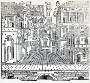 Scena magiczna, projekt sceny teatralnej Sebastiano Serlio (1475-1554), ilustracja z traktatu o architekturze, księga II