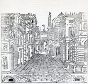 Scena magiczna, projekt sceny teatralnej Sebastiano Serlio (1475-1554), ilustracja z traktatu o architekturze, księga II