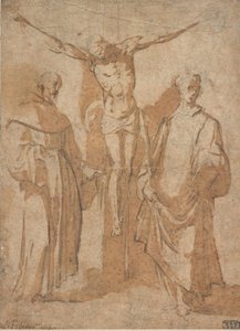Chrystus na krzyżu w otoczeniu dwóch świętych autorstwa Sebastiano Vini
