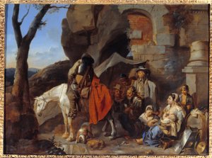 Postój żołnierzy, dawniej Halte de bohemiens Obraz Sebastiena Bourdona (1616-1671) XVII-wieczne Słońce. 0,43x0,58 m² autorstwa Sébastien Bourdon