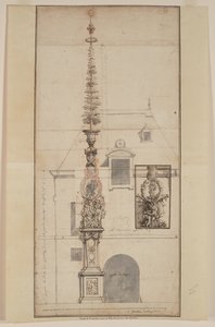 Projet de Mai des Gobelins permanent (recto) (czarna kreda, czerwona kreda, pióro, czarny i brązowy tusz, szary pył, na dwóch połączonych arkuszach)