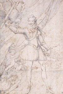 Król Henryk IV, pełnometrażowy, trofeum z broni osmańskiej u jego stóp, wznoszący zwój przed orłem (czarna kreda, długopis i brązowy atrament z niebieską plamą) autorstwa Second School of Fountainebleau