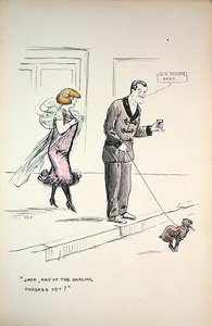 Para czekająca, aż pies zakończy interes, ok. 1921 (kolor lito) autorstwa Sem