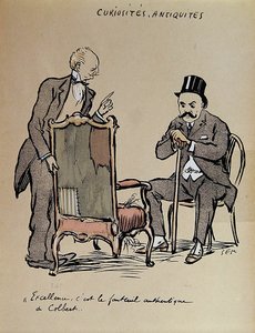 Bogaty Kolekcjoner Sztuki sprawdzający krzesło rzekomo należące do Colberta. c.1919 (kolor lito) autorstwa Sem