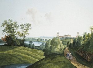 „Pejzaż z farmą w parku w Carskim Siole” Siemion Fiodorowicz Szczedrin (Semion Cztchedrine) (1745-1804). Gwasz i tusz na papierze