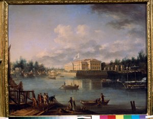 Widok na Pałac Kamennoostrovsky z nabrzeża Strogonowa, Sankt Petersburg. Obraz Siemion Fiodorowicz Szczedrin (Semion Szczedrin) (1745-1804), olej na płótnie