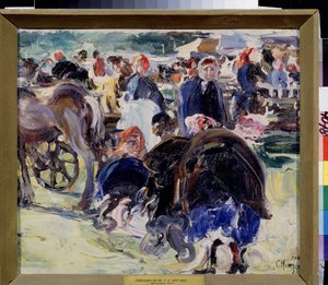 Targi (Targi). Prowincjonalne targowisko z wieśniaczkami i handlarzami. Obraz Semyona Gavrilovicha Nikiforova (1877-1912), olej na płótnie autorstwa Semen Gavriilovich Nikiforov