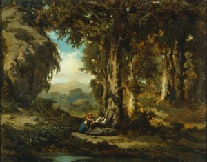 Figury w drewnie, Serafino De Tivoli (1826-1892), olej na płótnie, 30x38 cm, Szkoła Barbizon