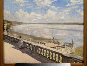 Słoneczny dzień, Pani na balustradzie - Obraz Siergieja Arseniewicza Winogradowa (1869-1938), olej na płótnie autorstwa Sergei Arsenevich Vinogradov