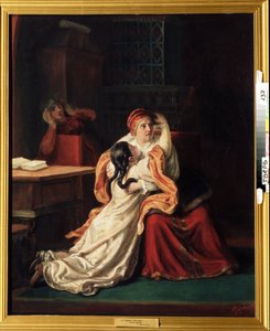 Caryca Ksenia Godunowa (1581-1622) (Cariewna Ksenia Godunowa). Przestraszone dziecko wpadające w czyjeś ramiona. Obraz Siergieja Iwanowicza Gribkowa (1820-1893), olej na płótnie, XIX-wieczna sztuka rosyjska. Regionalna Galeria Sztuki, Twer (Rosja)