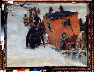 Sanie zamykają bojarów (dzik, bojar) (rosyjscy arystokraci) (Zamknięte sanie bojara). Praca Siergieja Wasiljewicza Iwanowa (1864-1910), olej na papierze