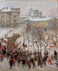 Ludzie z Armii Czerwonej. Parada wojsk Związku Radzieckiego ulicami zaśnieżonego miasta w czasie II wojny światowej (1939-1945), poprzedzona orkiestrą marszową, w towarzystwie radosnych dzieci. Malarstwo Siergieja Iwanowicza autorstwa Sergei Ivanovich Markin