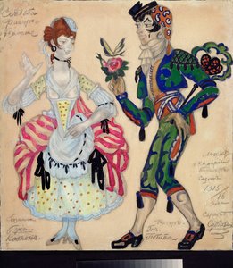 Kostiumy przygotowawcze do spektaklu „Le mariage de Figaro” Pierre Augustin Caron de Beaumarchais (1732-1799) (Projekt kostiumu do sztuki teatralnej Wesele Figara Beaumarchais) - Praca Siergieja Juriewicza Sudeykina (Serge Soudeiki