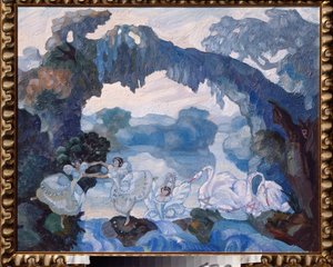 Dekoracja przygotowawcza do baletu „Lac des Cygnes” Piotra Czajkowskiego (1840-1893) (Scenografia do baletu Jezioro łabędzie Czajkowskiego) - Praca Siergieja Sudeykina (Serge Soudeikine) (1882-1946), olej na karton