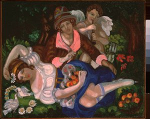 Scena alegoryczna. (Para kochanków, otoczona kilkoma gołębiami i amorem grającym muzykę). Obraz Siergieja Juriewicza Sudeykina (Serge Soudeikine) (1882-1946), olej na płótnie, ok. 1910 r. Sztuka rosyjska, XX wiek, secesja, modernizm.