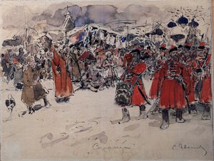 Oddział Strelców (lub Strelets), rosyjskiej jednostki wojskowej istniejącej od XVI do XVIII wieku (Strelce). Praca Siergieja Wasiljewicza Iwanowa (1864-1910), akwarela na papierze, sztuka rosyjska, koniec XIX i początek XX wieku. Państwowe Muzeum Sztuki, K