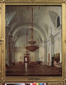 Widok Białej Sali Pałacu Zimowego w Sankt Petersburgu. Obraz Siergieja (Sergei, Sergei) Konstantinovich Zaryanko (Zarianko) (1818-1870), olej na płótnie. Sztuka rosyjska