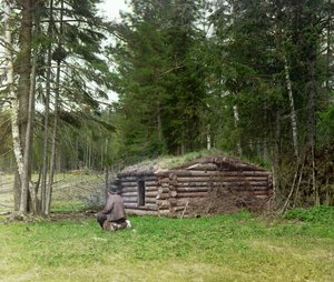 Mężczyzna przed chatą drwali i kurii w lesie, Imperium Rosyjskie, w latach 1905-1915