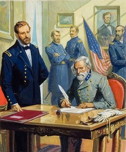 Generał Ulysses Grant przyjmujący kapitulację generała Lee pod Appomattox autorstwa Severino Baraldi