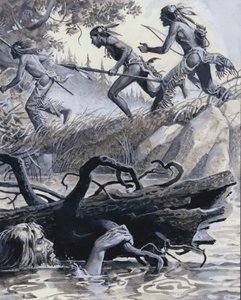 John Colter schował się za drewnem (gwasz na papierze) autorstwa Severino Baraldi
