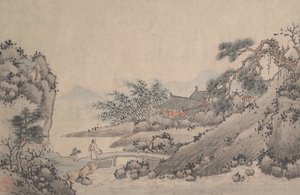 Krajobraz z Man Crossing Bridge. autorstwa Shen Zhou