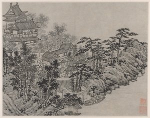 Dwanaście widoków Tiger Hill, Suzhou: Pawilon do wspinaczki w chmurach autorstwa Shen Zhou