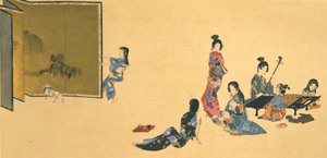 Grupa kobiet podczas wypoczynku, ilustracja z magazynu „Kokka” autorstwa Shibata Zeshin