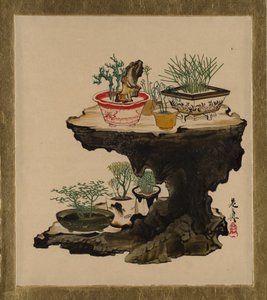 Lakierowe obrazy o różnej tematyce: Bonsai, 1882. autorstwa Shibata Zeshin