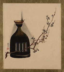 Lakierowane obrazy o różnej tematyce: gałązka śliwki z lampą oliwną, 1882 r. autorstwa Shibata Zeshin