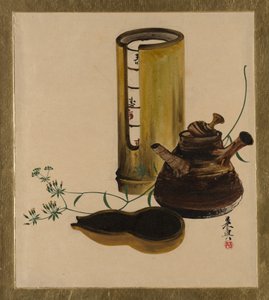 Lakierowane obrazy o różnej tematyce: zestaw do herbaty Sencha, 1882. autorstwa Shibata Zeshin