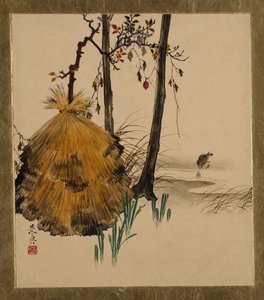 Lakierowane obrazy o różnych przedmiotach: schronienie śnieżne dla drzewa z wróblem, 1882. autorstwa Shibata Zeshin