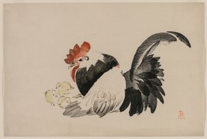 Kogut, Kura i Pisklęta autorstwa Shibata Zeshin