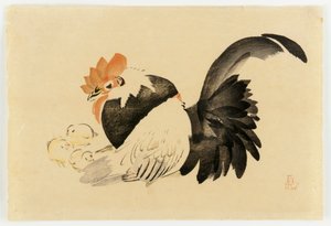 Kogut, kura i pisklęta, epoka Meiji, 1870-79 (kolorowy drzeworyt) autorstwa Shibata Zeshin