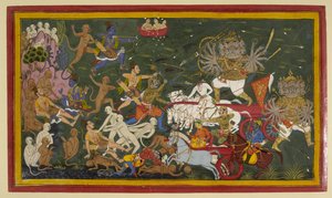Dodać. 15297 (1) f.142r Walka z dziesięciogłowym królem demonów Ravaną, „Ramayana” autorstwa Unbekannt