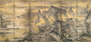 Japoński: 『式部輝忠筆 四季山水図屏風 室町時代 』 Krajobraz czterech pór roku, jeden z pary autorstwa Shikibu Terutada