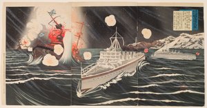 Sprawiedliwa wojna w karaniu Rosji: nocny atak szwadronu niszczycieli autorstwa Shinohara Kiyooki