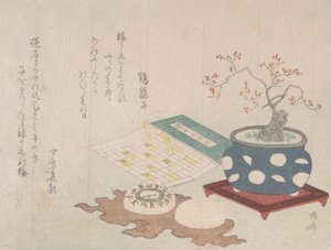 Śliwka Bonsai, kompas i kieszonkowy zegar słoneczny z projektem kalendarza, z wiosennego deszczu Surimon..., 1806. autorstwa Shinsai