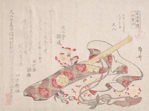 Shakuhachi, rodzaj bambusowego fletu, z okładką i kwiatami wiśni, XIX w., XIX w.