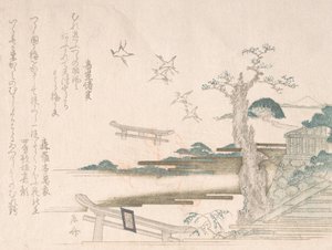 Kolekcja wiosennego deszczu Harusame shu, obj. 2: Żurawie w świątyni Tsurugaoka Hachimango w…, 1810 roku. autorstwa Shinsai