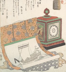 Zegar stołowy i kakemono łodzi skarbów, XIX w., XIX w. autorstwa Shinsai