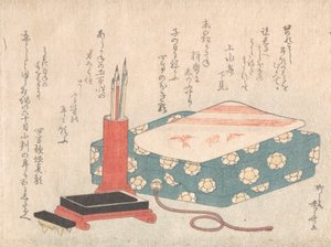 Zestaw do pisania i pudełko na karty poematów Shikishi-bako, z albumu Spring Rain Surimono Album Har..., ca. 1805-10. autorstwa Shinsai
