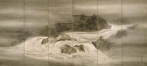 Krajobraz rzeczny ze świetlikami, 1874 autorstwa Shiokawa Bunrin